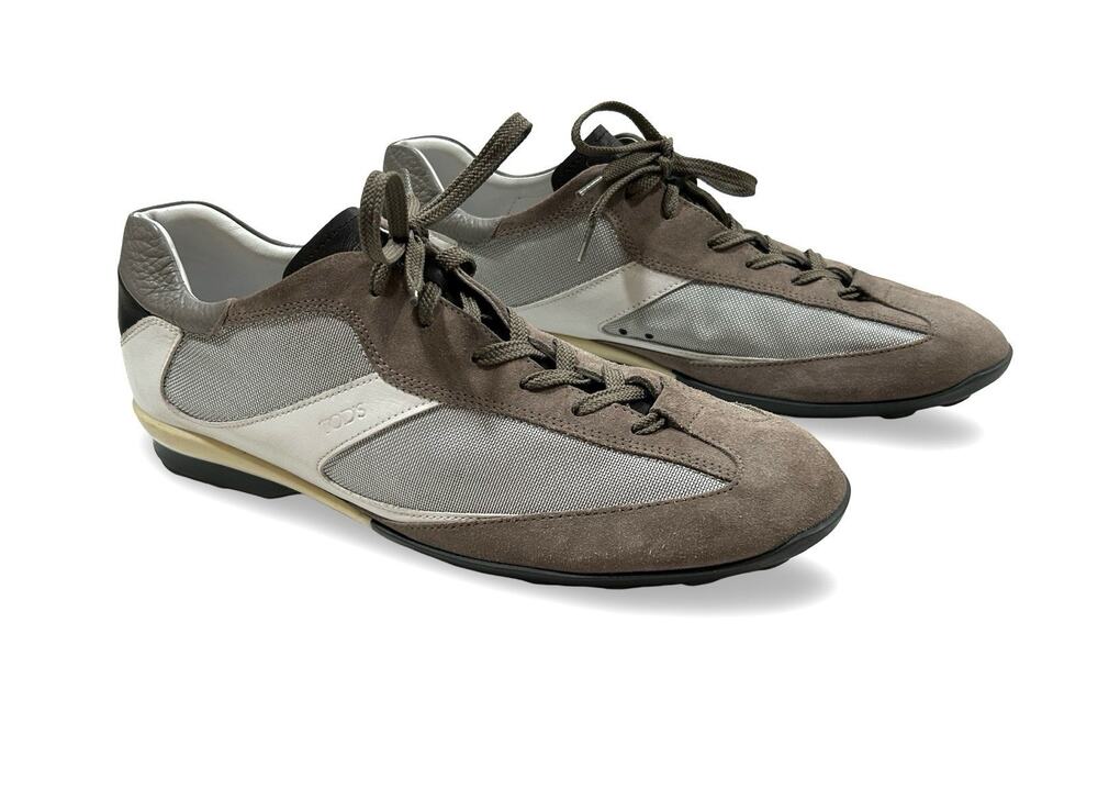 Tods Mens Driving Sneakers Shoes Size 10 - US 11.5 Taupe Brown Suede & Gray Mesh